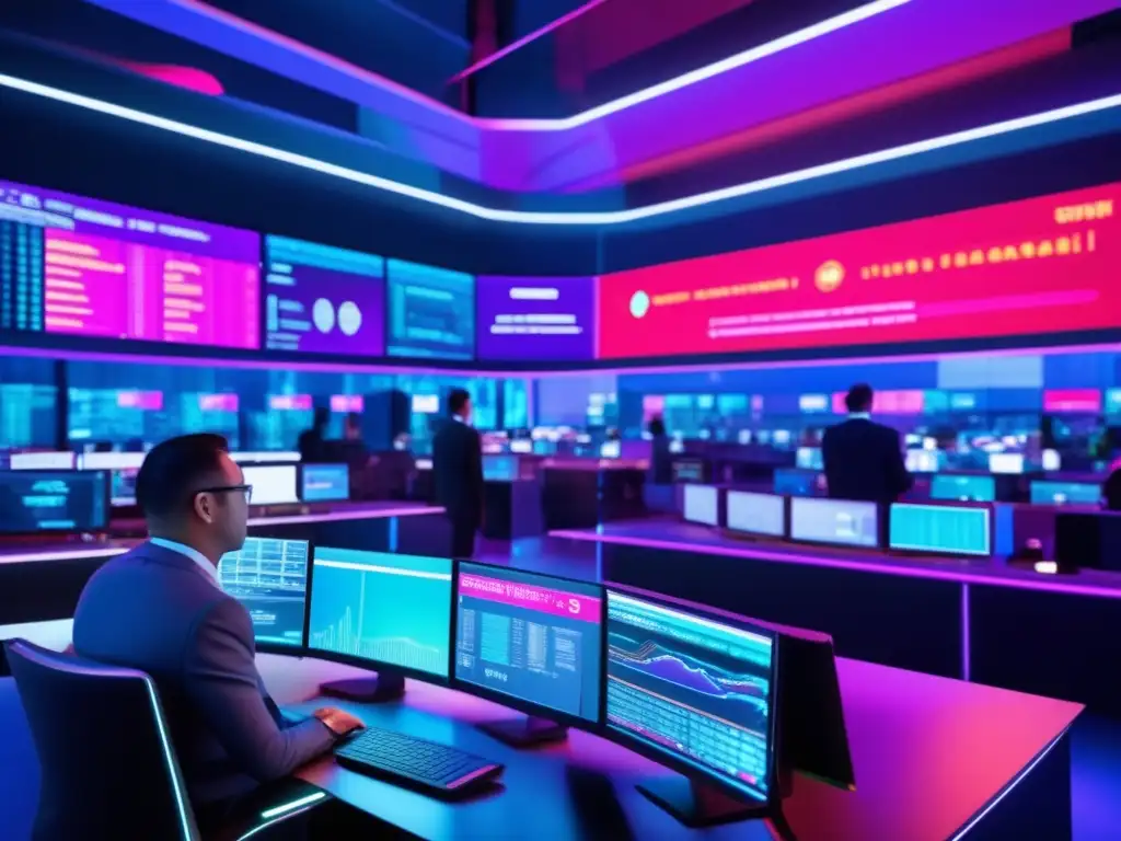 Futuro trading floor con tecnología avanzada Mejorar algoritmos de trading en un futurista piso de operaciones con pantallas y gráficos en tiempo real