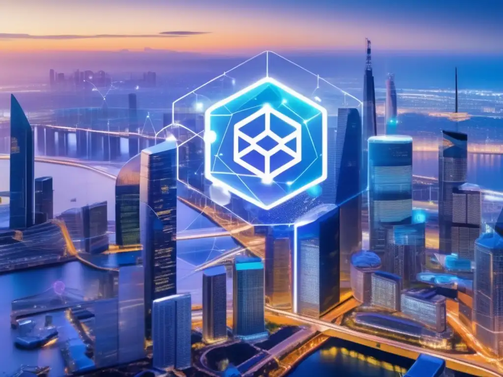 Alianza innovadora entre blockchain y fintech Alianza Blockchain Fintech: Beneficios visuales con ciudad futurista, tecnología segura y colaboración fintech