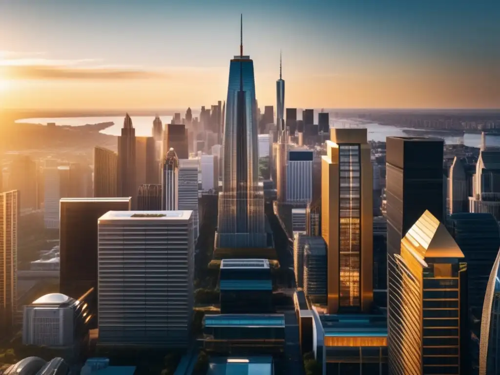 Imagen de una ciudad vibrante con rascacielos y arquitectura moderna Alta resolución de una ciudad moderna con rascacielos, parques y gente, simbolizando la importancia de los fondos inmobiliarios