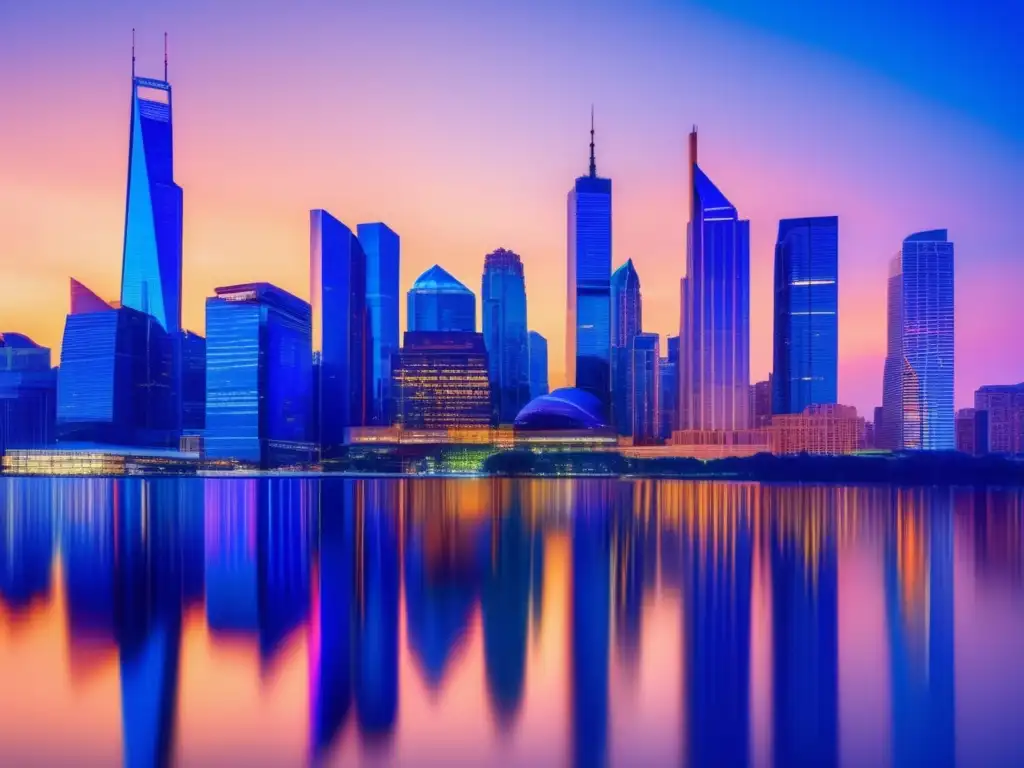 Skyline urbana al atardecer con rascacielos iluminados Alta resolución ciudad moderna con rascacielos iluminados, reflejando colores del atardecer