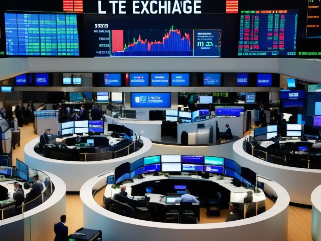Piso de Bolsa repleto de traders y monitores en tiempo real Altaresolución de la bolsa de valores con traders, gráficos y arquitectura moderna