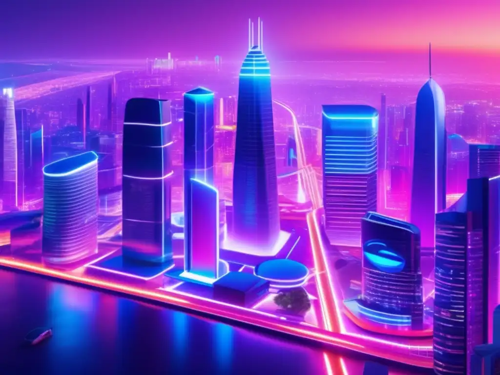 Ciudad futurista con rascacielos y criptomonedas Altcoins con mayor potencial 2023 - Futurista ciudad con rascacielos, luces neón y comunidad global de criptomonedas