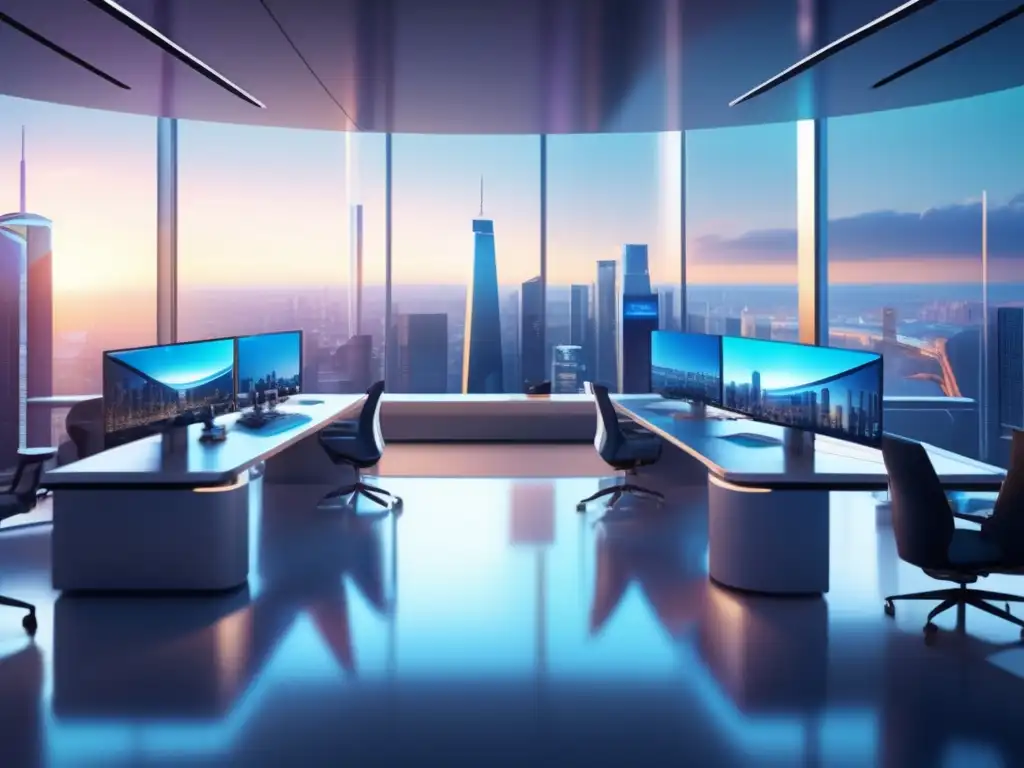Trading floor futurista en edificio moderno Detectar altcoins con potencial en trading floor futurista de ciudad vibrante con profesionales y pantallas de datos
