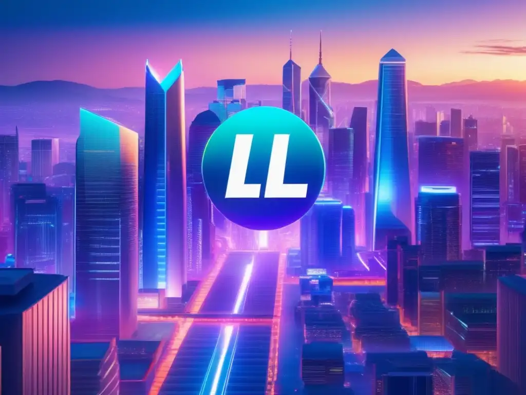 Futurista ciudad con rascacielos Litecoin Litecoin, alternativa futurista a Bitcoin, ciudad con rascacielos y mercado en tiempo real