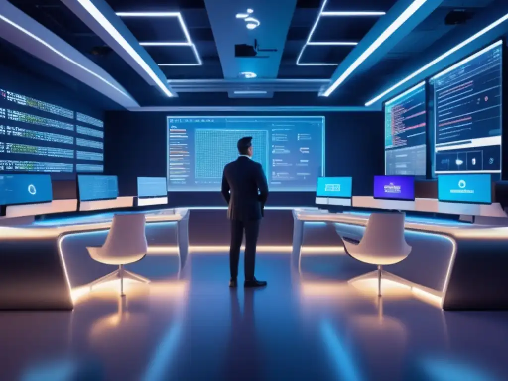 Aula futurista con estudiantes de criptomonedas Futurosalón con alumnos y profesor en realidad virtual, aprendiendo sobre criptomonedas