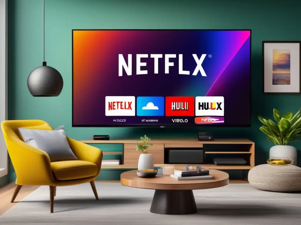 Sala de estar moderna con TV y logos de plataformas de streaming Ambiente acogedor con TV de pantalla grande y logos de plataformas de streaming