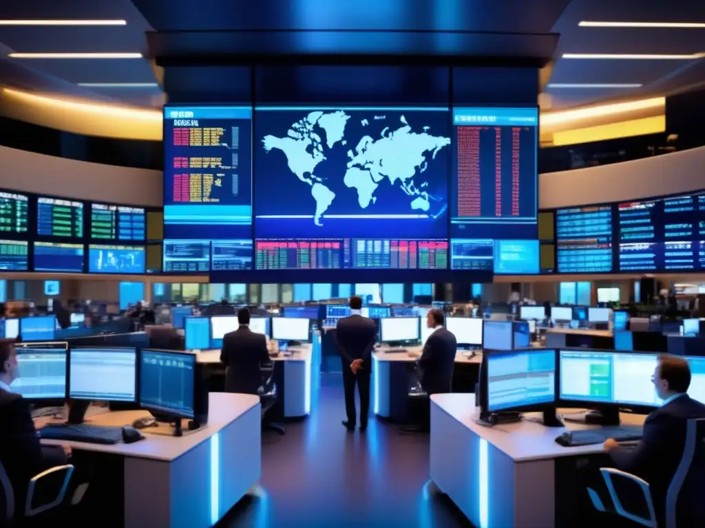 Bolsa de valores moderna, actividad frenética Ambiente dinámico en una bolsa de valores moderna, con traders en trajes comunicándose frenéticamente