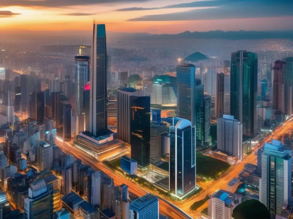 Metrópolis latinoamericana: skyline, profesionales y análisis Análisis de deuda corporativa en América Latina: ciudad panorámica con skyline moderno y profesionales discutiendo