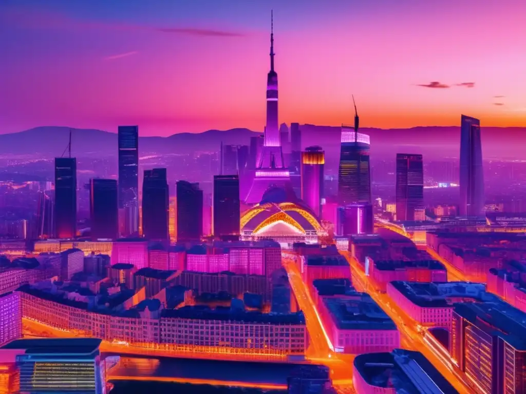 Ciudad europea vibrante al atardecer Análisis económico Eurozona: ciudad europea vibrante con rascacielos modernos iluminados por un cálido atardecer