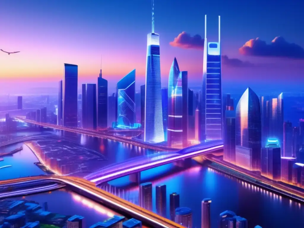 Futuro financiero en ciudad tecnológica Análisis fundamental acciones tecnológicas en una ciudad futurista con rascacielos y profesionales analizando datos financieros