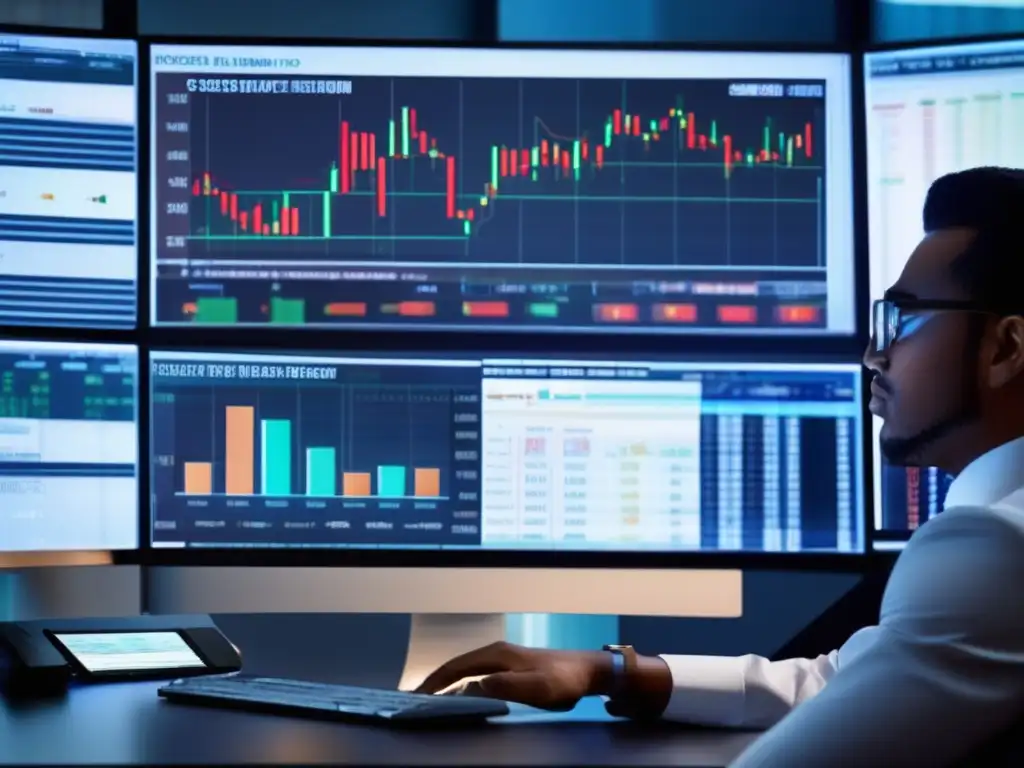 Análisis financiero en pantalla Análisis Fundamental en inversiones: Persona analizando gráficos financieros en pantalla de alta resolución