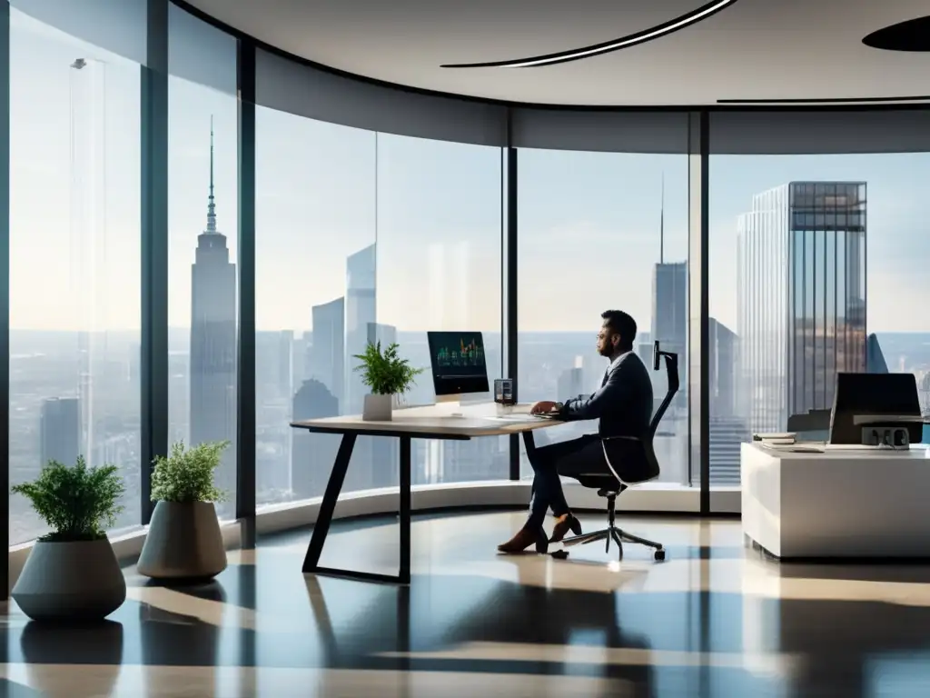 Oficina moderna con vista a la ciudad Análisis Fundamental: Oficina moderna con vista a la ciudad, profesional estudiando informes de inversión