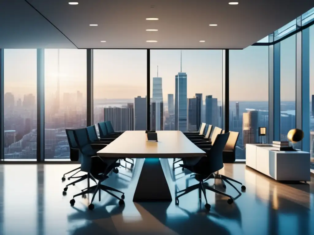Oficina moderna con vista a la ciudad y análisis financiero Análisis Fundamental: Oficina moderna con vista a la ciudad, iluminada por luz natural