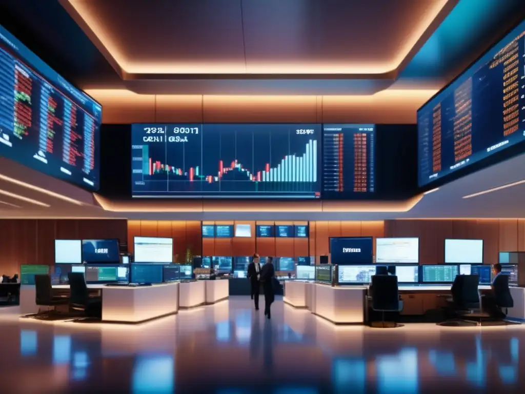Piso de bolsa sofisticado y vibrante Análisis Elliott Wave mercado bursátil: sofisticada sala de operaciones de la bolsa, con traders analizando gráficos y pantallas de alta tecnología