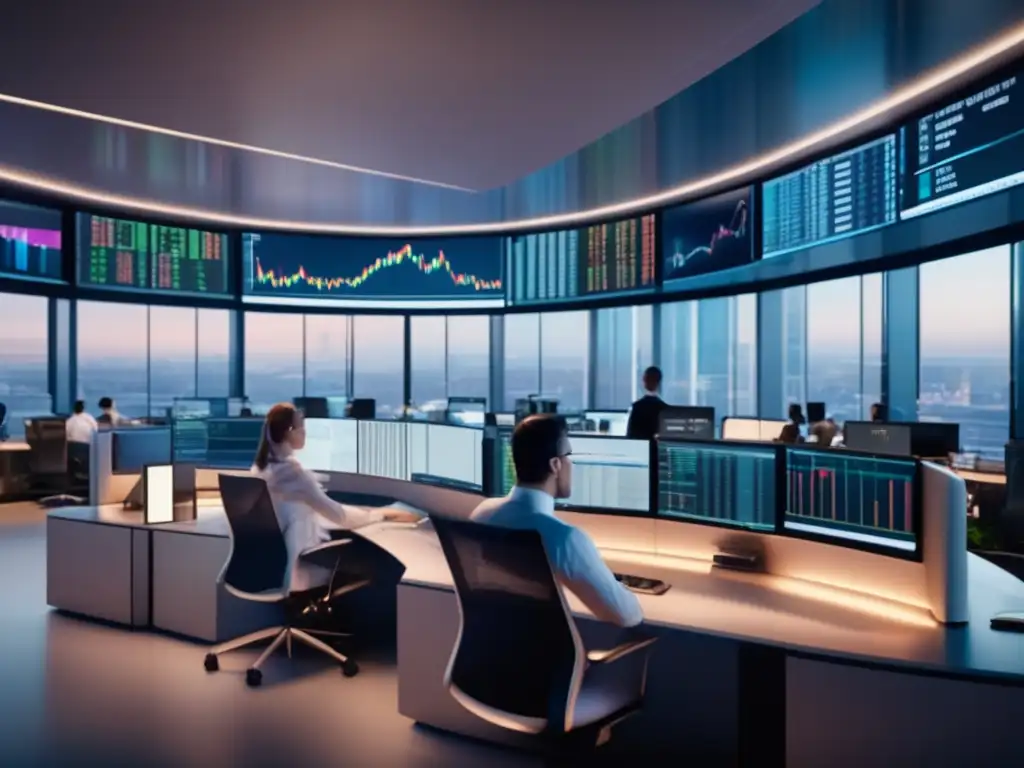 Trading floor con traders analizando datos Análisis profundo inversión financiera en trading floor