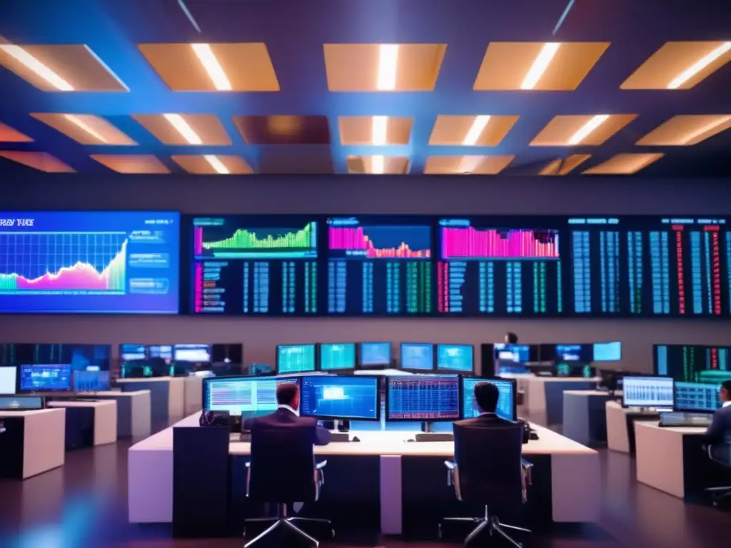 Sala de trading moderna, análisis intenso Análisis Elliott Wave: Stock market traders intensely analyzing charts and graphs on a modern trading floor