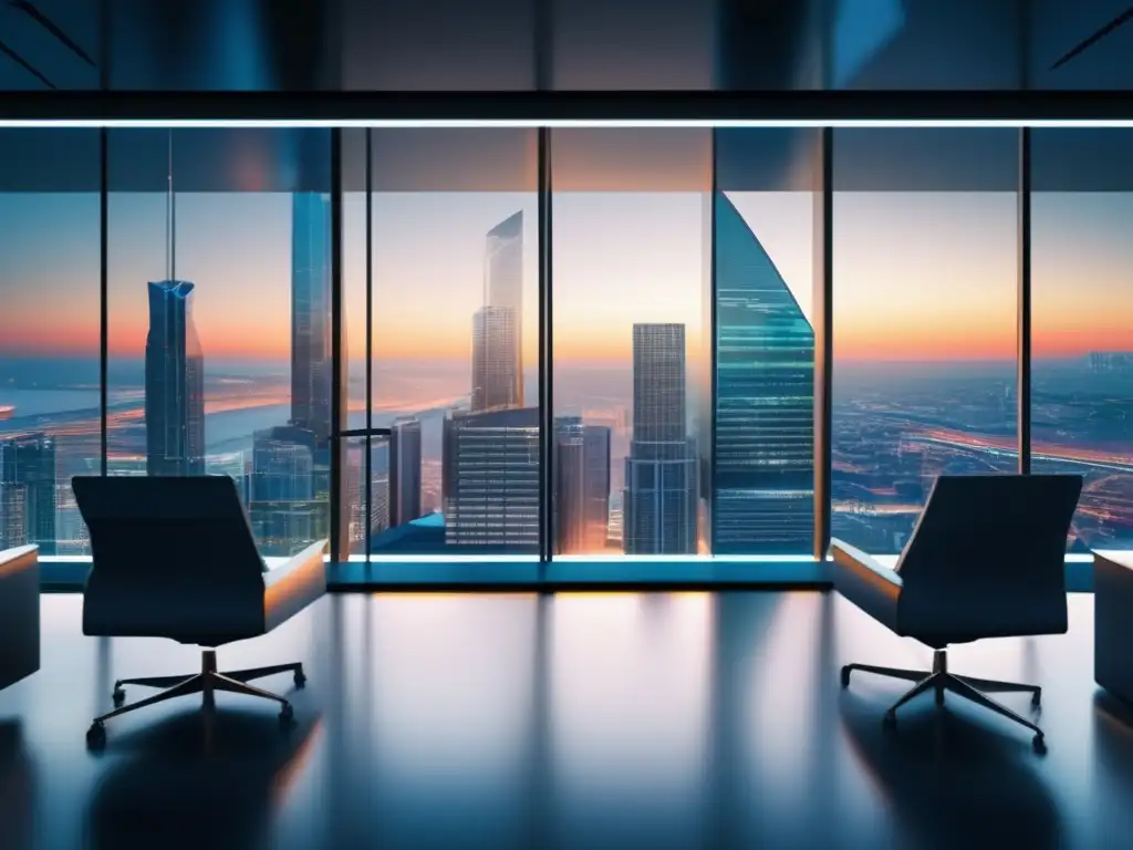 Análisis técnico en mercados financieros Análisis técnico para inversiones en una sala de trading futurista y moderna con vistas a una ciudad vibrante
