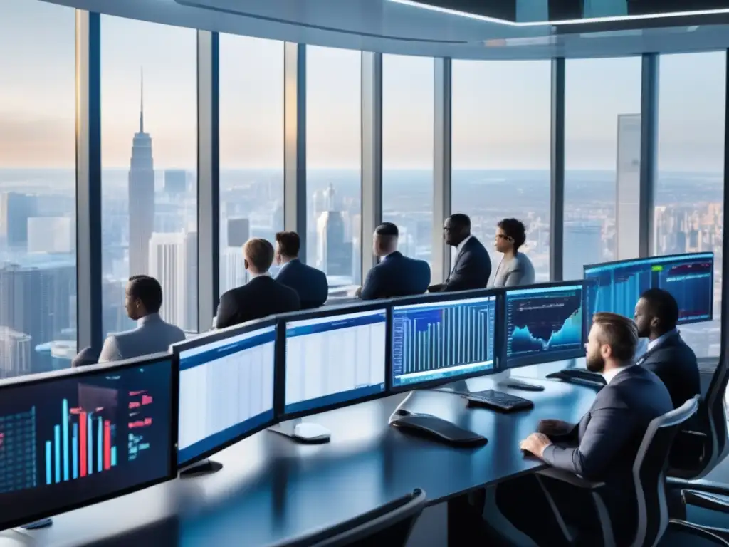 Traders analizando datos en una sala de trading moderna Análisis técnico en trading: profesionales en trajes monitorean datos de mercado en una sala futurista con vista panorámica y ambiente profesional