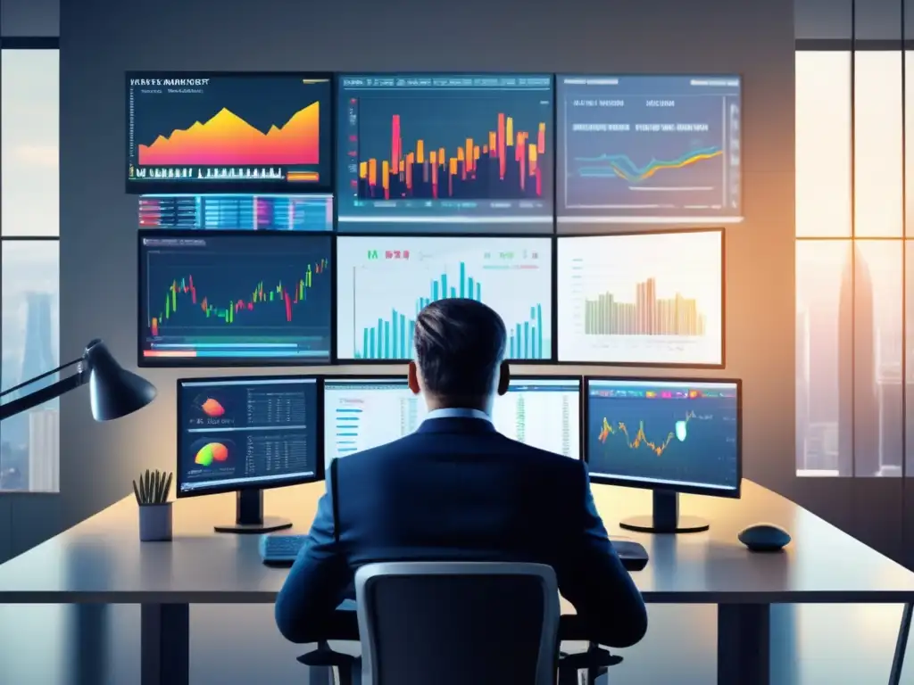 Analista financiero en acción Analista de bolsa profesional en un entorno moderno y luminoso, utilizando tecnología avanzada para analizar tendencias del mercado
