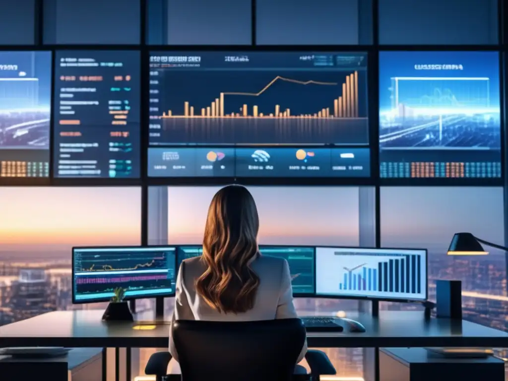 Analista financiera enfocada en datos Analista financiera concentrada en análisis fundamental con vista a la ciudad, mostrando apalancamiento en mercado de valores y criptomonedas
