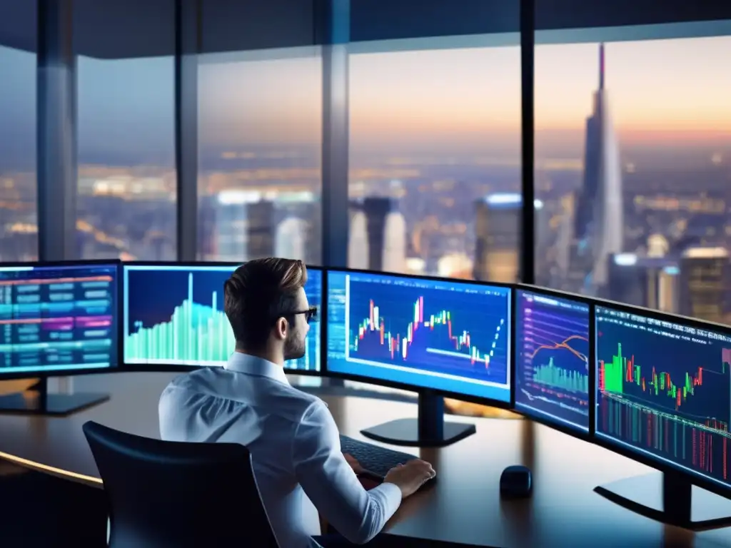 Analista financiero en su oficina con múltiples pantallas de datos Analista financiero analizando datos en una oficina moderna - Estrategias análisis fundamental mercado
