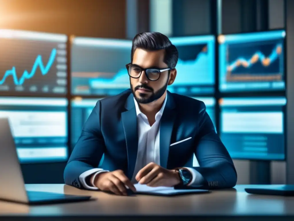 Analista financiero analizando datos en tiempo real Analista financiero enfocado en precisión del estocástico en operaciones (110 caracteres)