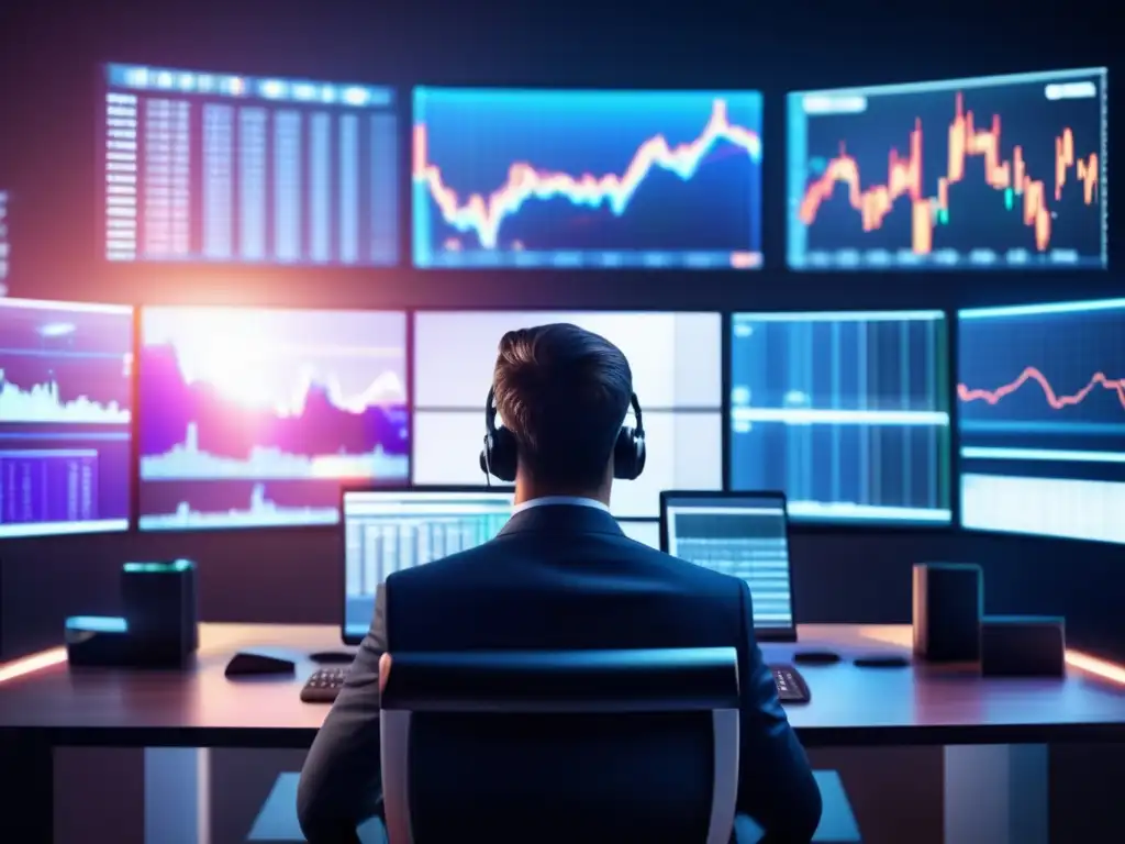 Analista financiero en acción Analista financiero en su escritorio moderno, rodeado de pantallas mostrando datos bursátiles en tiempo real