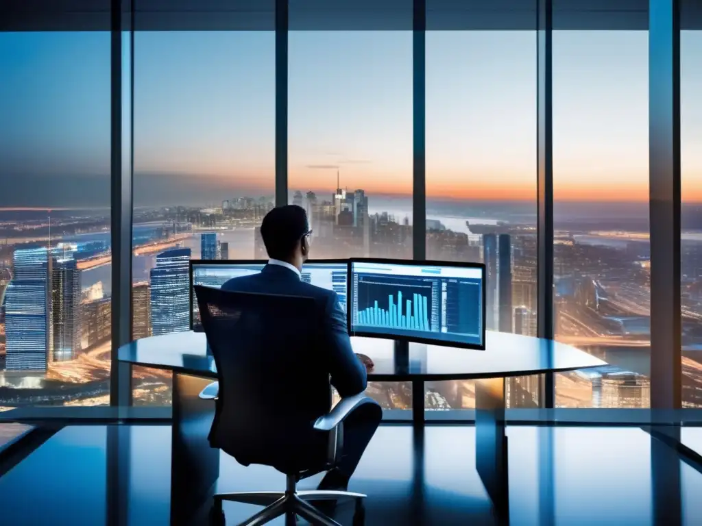 Analista financiero evaluando fondos de inversión Analista financiero evaluando fondos de inversión en una oficina moderna con vista panorámica a la ciudad