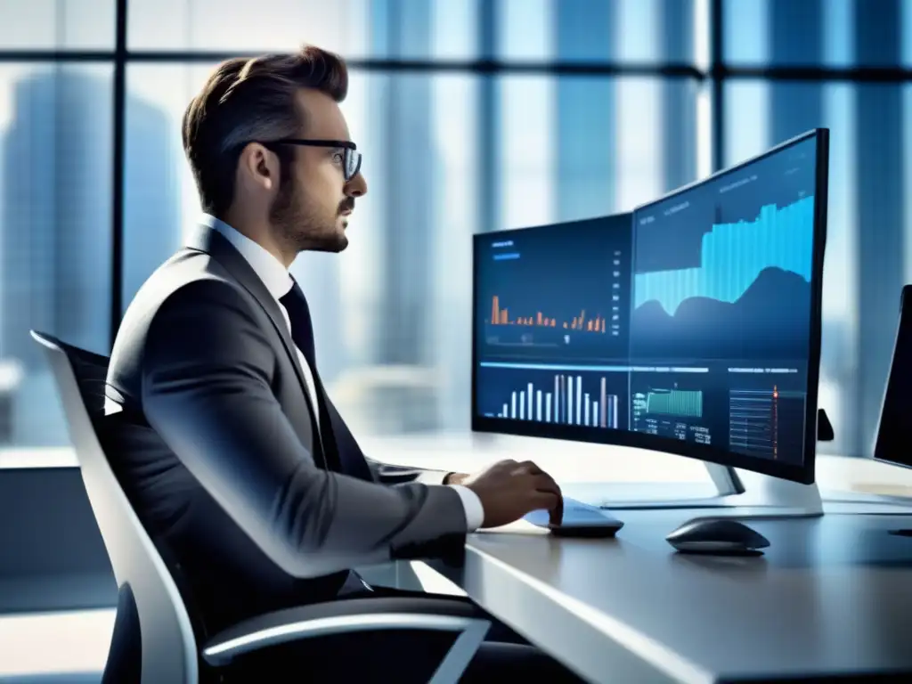 Analista financiero estudiando gráficos y datos Analista financiero estudiando gráficos en oficina contemporánea