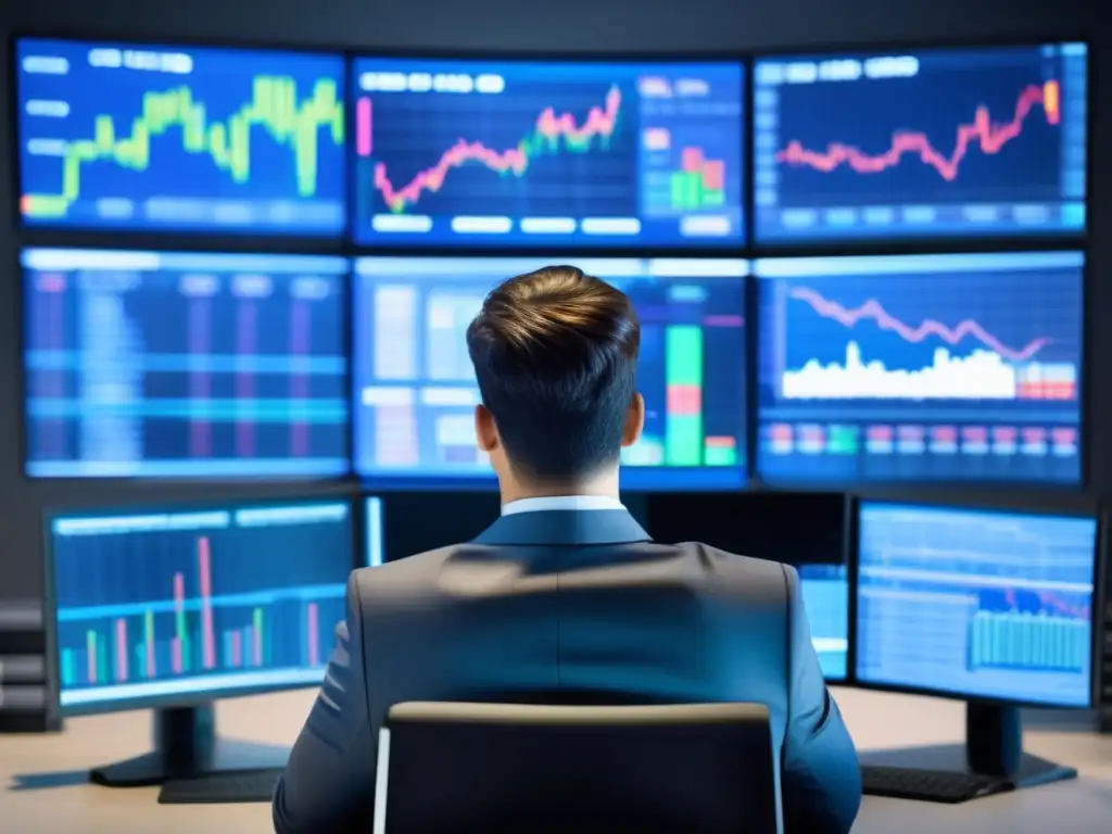 Analista financiero analizando datos de mercado Analista financiero moderno con indicadores líderes y rezagados en análisis fundamental