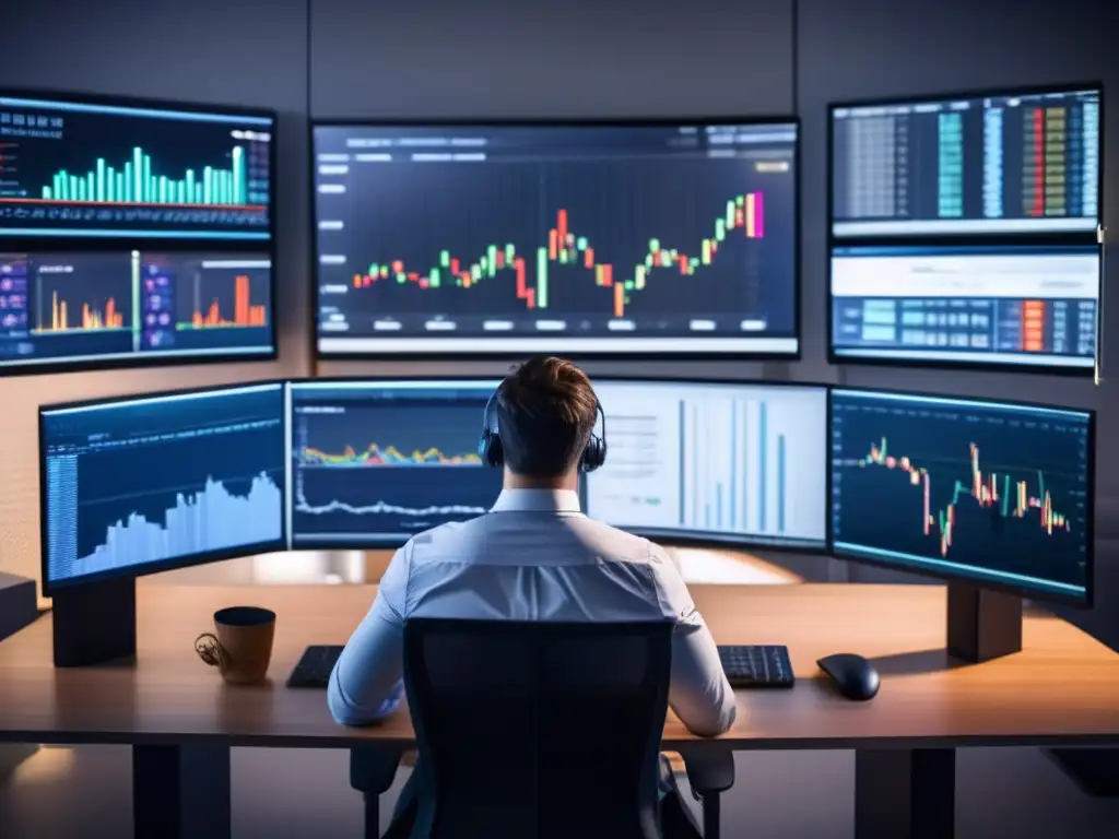 Analista financiero en oficina moderna Analista financiero en una oficina moderna con múltiples pantallas de gráficos y análisis técnico
