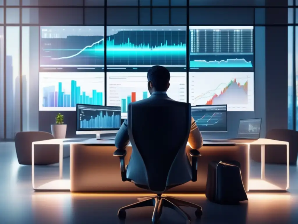 Analista financiero en una oficina minimalista y tecnológica Analista financiero en oficina moderna estudiando gráficos y datos de mercado