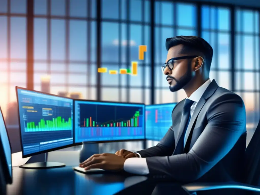 Analista financiero analizando datos de mercado Analista financiero en oficina moderna analizando gráficas y estrategias de inversión en volatilidad