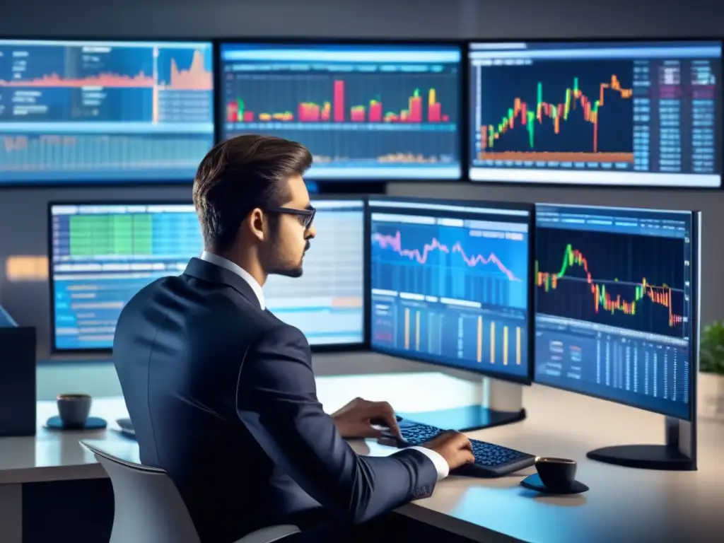 Analista financiero analizando datos bursátiles Analista financiero analizando riesgos y seleccionando derivados para diversificar la cartera