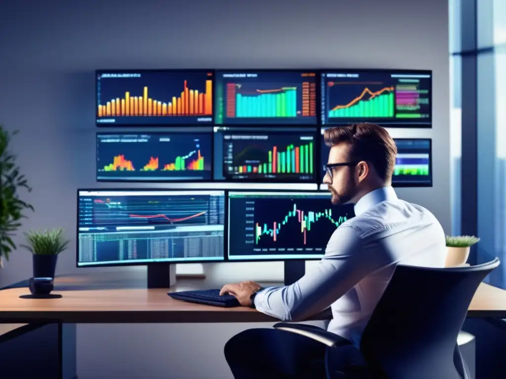 Analista financiero en oficina moderna Analista financiero con tecnología avanzada y gráficos de mercado en oficina moderna