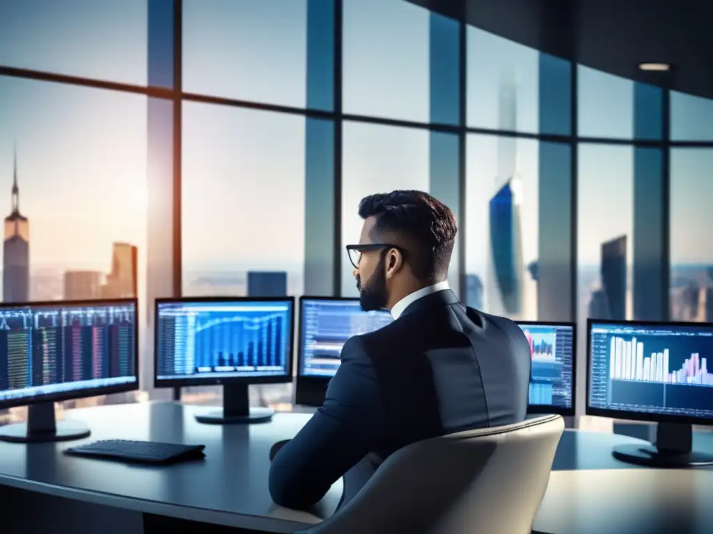 Analista financiero en acción Analista profesional en escritorio moderno, analizando gráficos y datos financieros