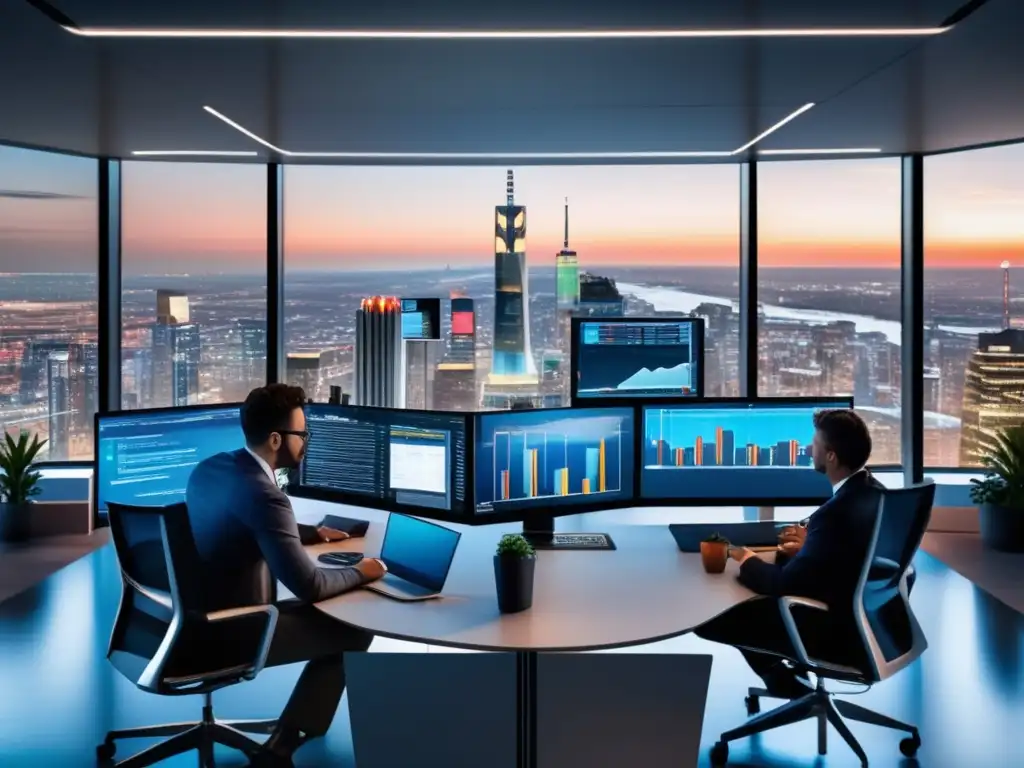 Oficina moderna con analistas enfocados Analistas financieros trabajando en estrategias de inversión a corto plazo en moderna oficina con vista panorámica a la ciudad