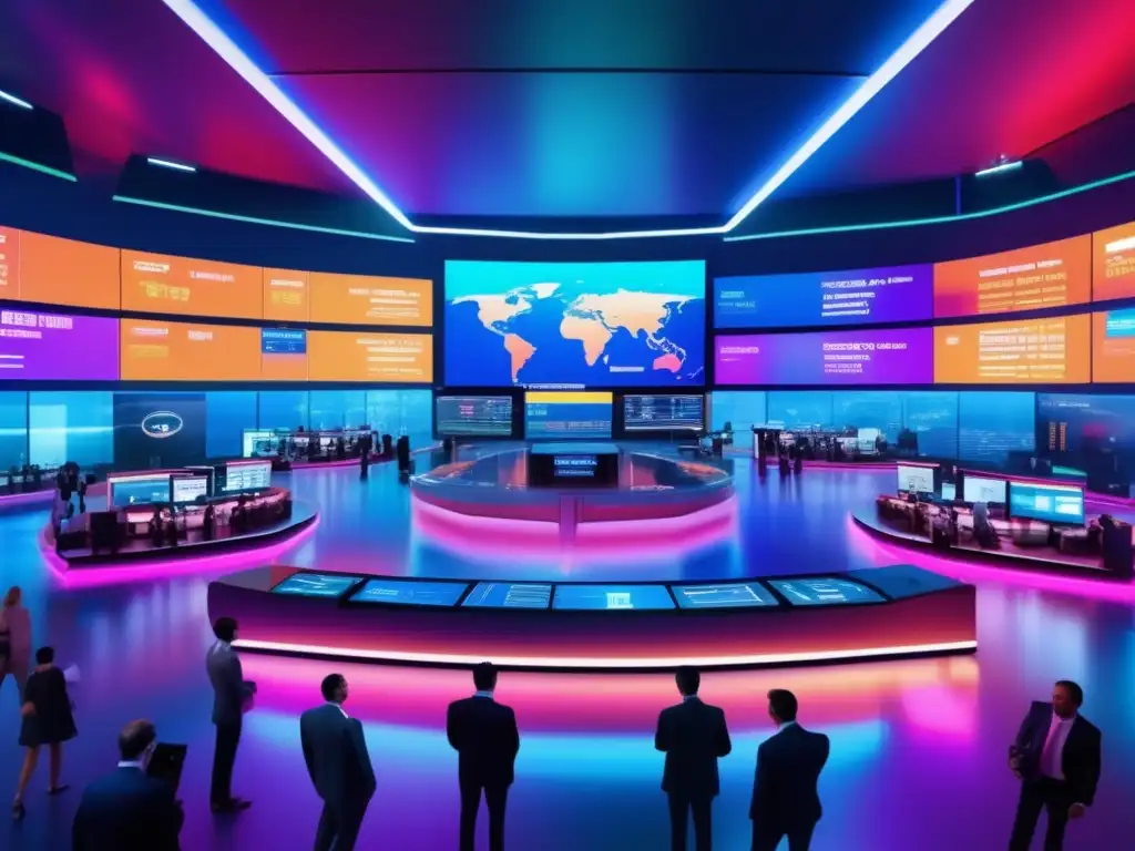 Futuro financiero: Traders, tecnología y ETFs Anuncio: Mercado financiero moderno con traders, tecnología avanzada y ETFs de materias primas para diversificar carteras