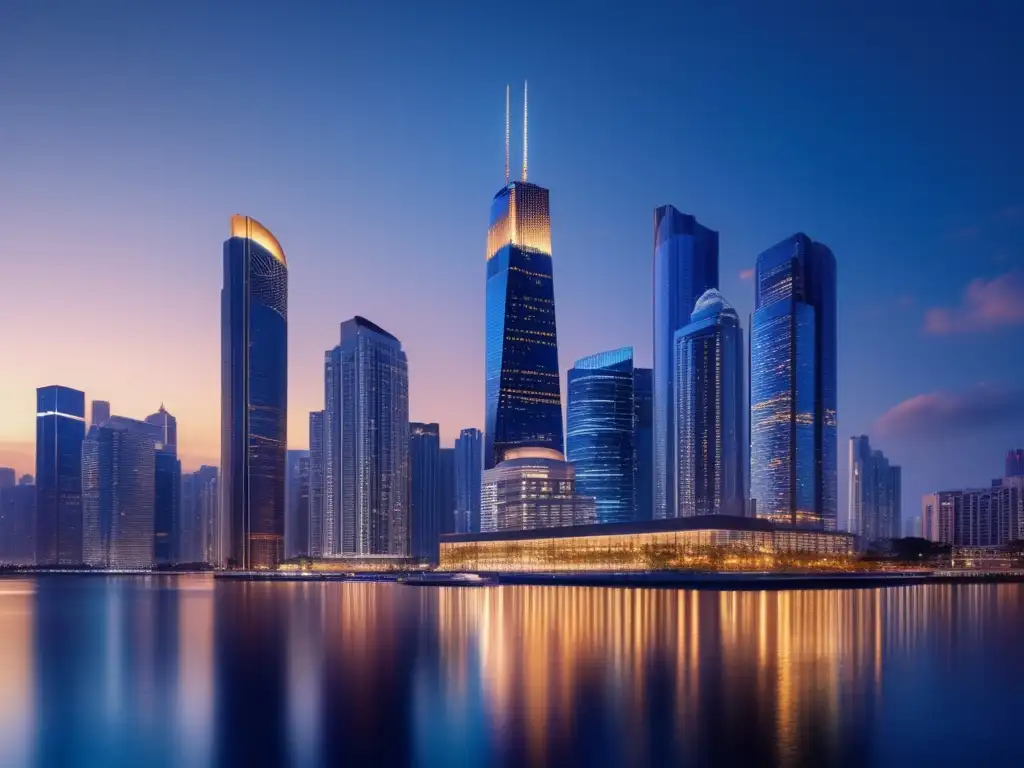 Ciudad moderna al atardecer con propiedad de lujo Invertir con apalancamiento en inmueble: ciudad moderna al atardecer, rascacielos, propiedad frente al mar con lujo y belleza