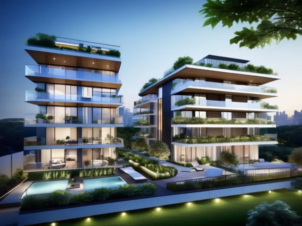 Elegante complejo de apartamentos en la ciudad Apartamentos modernos en ciudad vibrante: vista panorámica, balcones verdes, jardines, piscina, fitness, áreas comunes (110 caracteres)