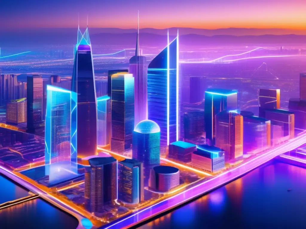 Futuro digital: criptomonedas y finanzas Conectando APIs cripto y finanzas en una ciudad futurista con rascacielos transparentes y una red de caminos neon brillantes