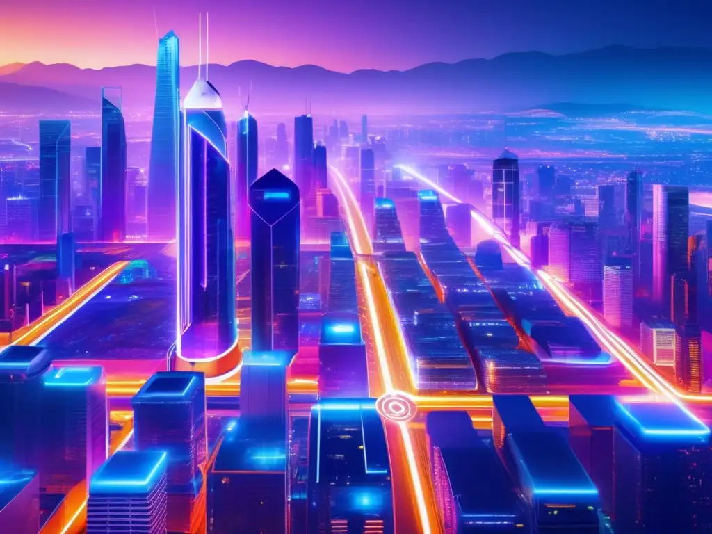 Ciudad futurista con criptomonedas Conectando APIs cripto y finanzas en una ciudad futurista con rascacielos, luces neón y tecnología avanzada