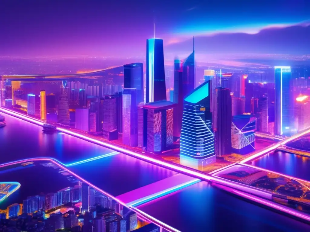 Futurista metrópolis conectada con APIs Conectando APIs cripto y finanzas: Futurista ciudad con rascacielos, luces neón y símbolos API