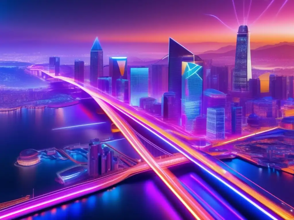 Futuro financiero: Red de nodos vibrantes Conectando APIs cripto y finanzas en una imagen futurista de alta resolución