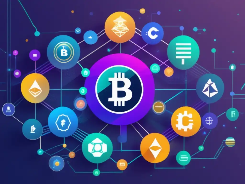 Conexión futurista de criptomonedas y finanzas Conectando APIs cripto y finanzas en una red digital futurista de criptomonedas e iconos financieros
