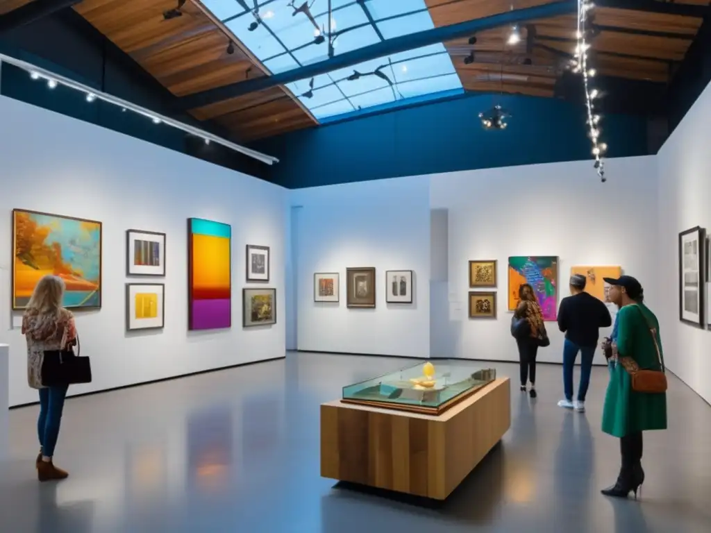 Galería de arte moderno con luz natural y obras diversos Inversión en arte y coleccionables: accesibilidad en una galería de arte moderno con luz natural, obras variadas y conversaciones sobre su potencial