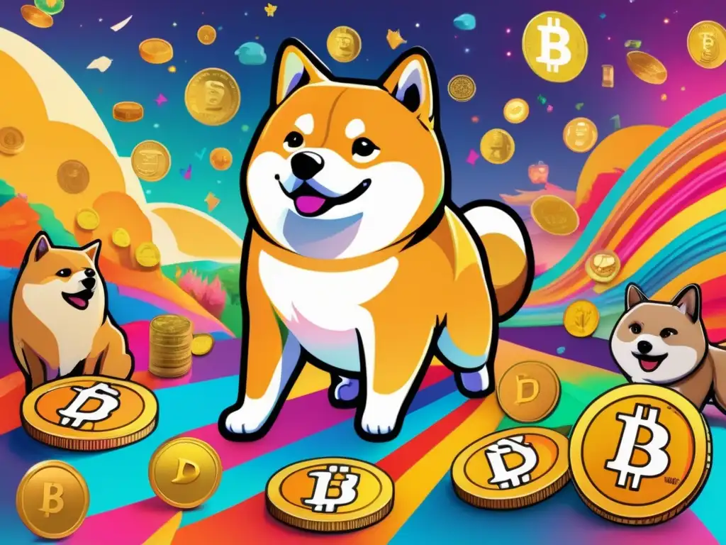 Evolución de Dogecoin: de meme a criptomoneda Arte colorido que muestra la evolución de Dogecoin de meme a criptomoneda exitosa