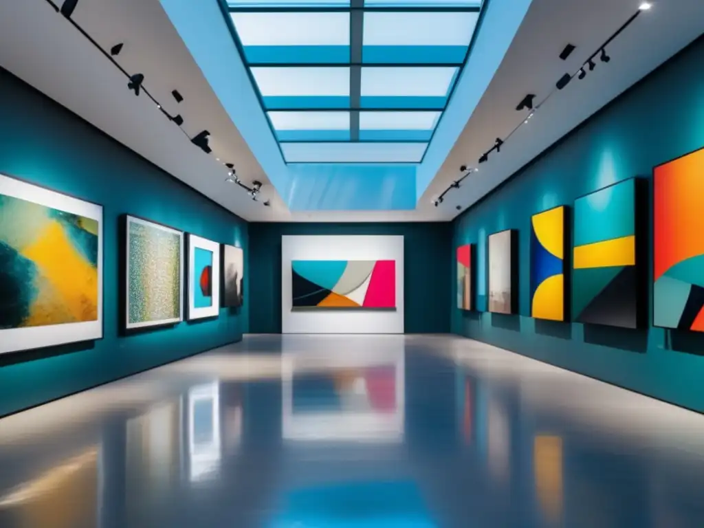 Galería de arte contemporáneo - Inversión Arte Objetos Valor: Galería contemporánea con obras valiosas, arte variado, arquitectura moderna, luz natural, colores vibrantes