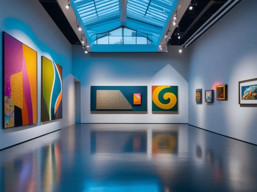 Galería de arte moderno con obras vibrantes y diversos espectadores Galería de arte con obras vibrantes y diversas