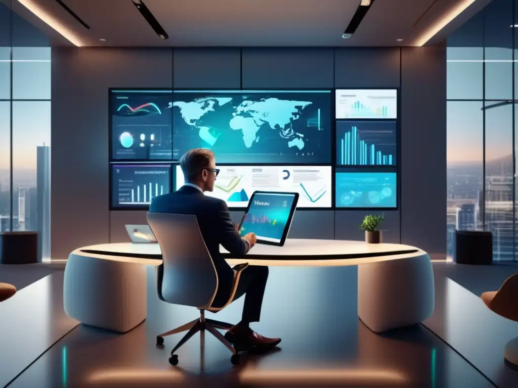 Asesor financiero profesional en oficina moderna Asesor financiero en oficina moderna, concentrado en tablet con gráficos holográficos y decoración minimalista